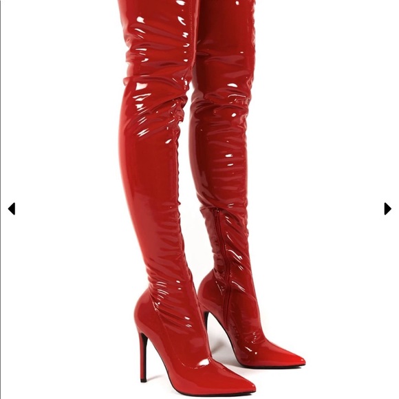 red latex thigh high boots